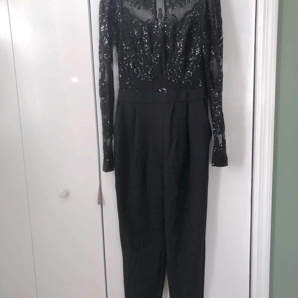 Black sequin embellished straight leg jumpsuit